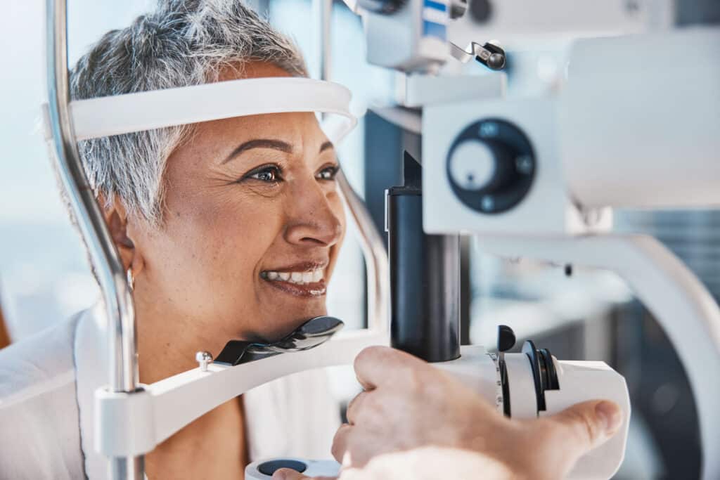 Patient having an eye exam to check for cataracts and vision changes.